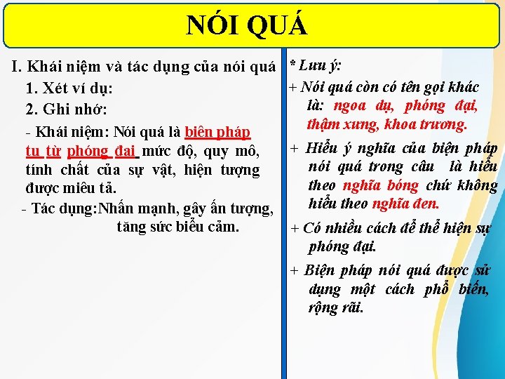 NÓI QUÁ I. Khái niệm và tác dụng của nói quá * Lưu ý: