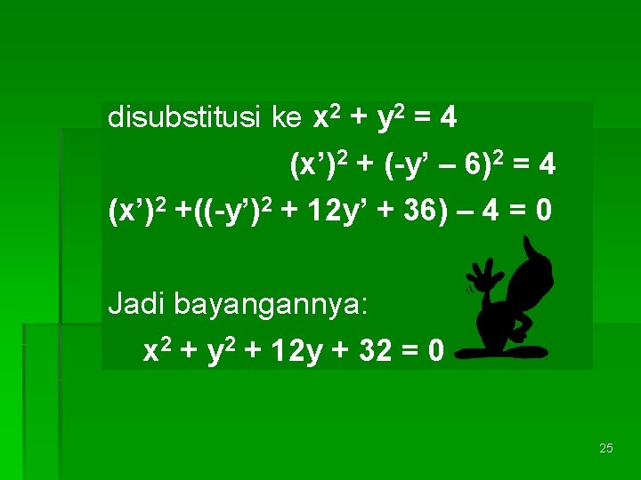 disubstitusi ke x 2 + y 2 = 4 (x’)2 + (-y’ – 6)2