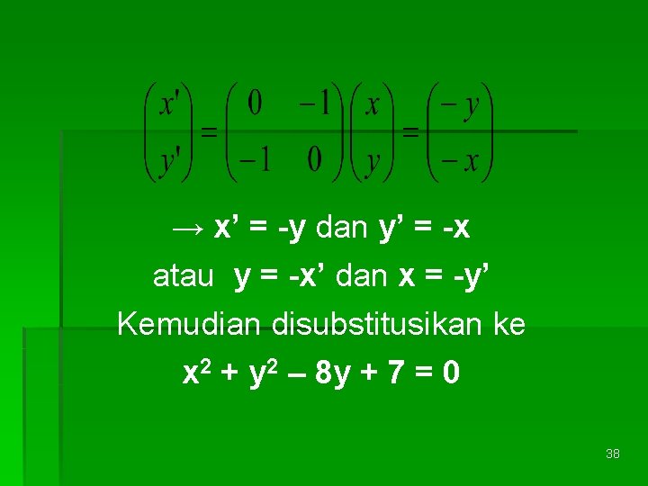 → x’ = -y dan y’ = -x atau y = -x’ dan x