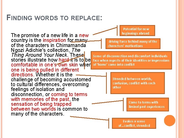 FINDING WORDS TO REPLACE: Potential for new beginnings abroad The promise of a new FINDING WORDS TO REPLACE: Potential for new beginnings abroad The promise of a new