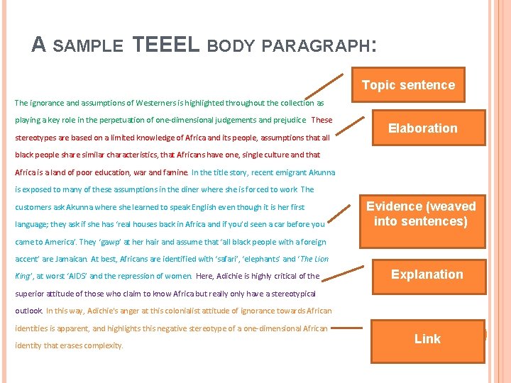A SAMPLE TEEEL BODY PARAGRAPH: Topic sentence The ignorance and assumptions of Westerners is A SAMPLE TEEEL BODY PARAGRAPH: Topic sentence The ignorance and assumptions of Westerners is