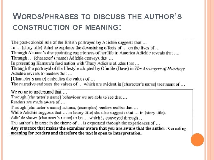 WORDS/PHRASES TO DISCUSS THE AUTHOR’S CONSTRUCTION OF MEANING: WORDS/PHRASES TO DISCUSS THE AUTHOR’S CONSTRUCTION OF MEANING: