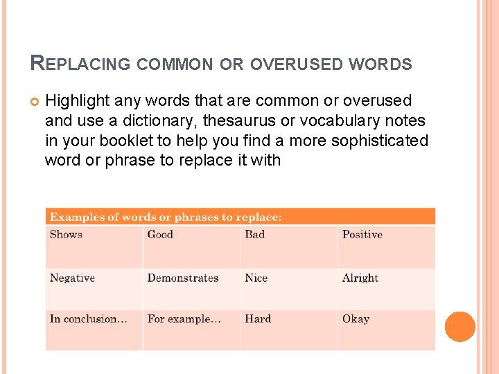 REPLACING COMMON OR OVERUSED WORDS Highlight any words that are common or overused and REPLACING COMMON OR OVERUSED WORDS Highlight any words that are common or overused and