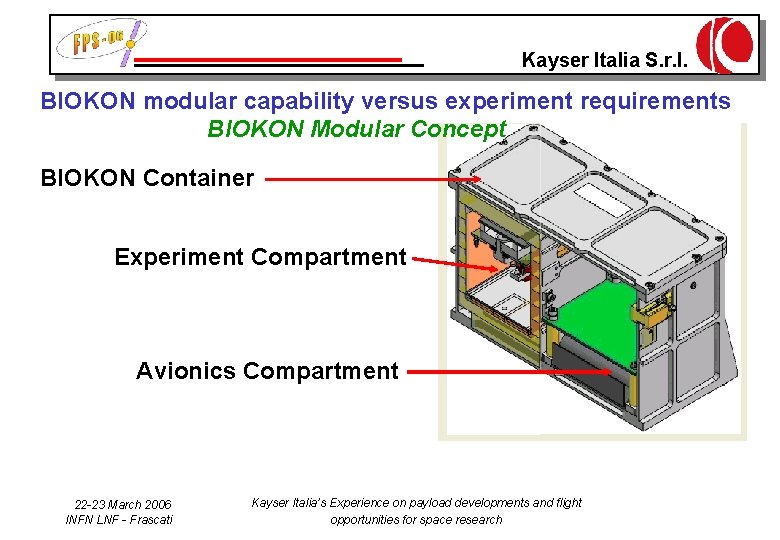 Kayser Italia S. r. l. BIOKON modular capability versus experiment requirements BIOKON Modular Concept