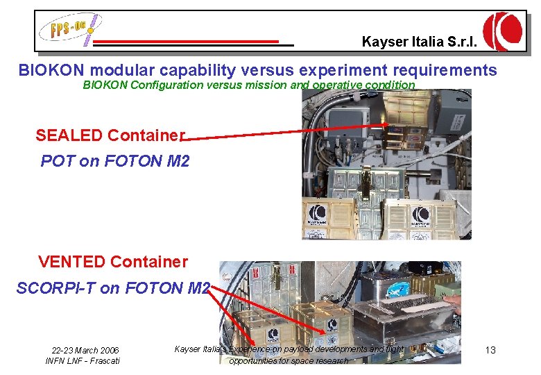 Kayser Italia S. r. l. BIOKON modular capability versus experiment requirements BIOKON Configuration versus