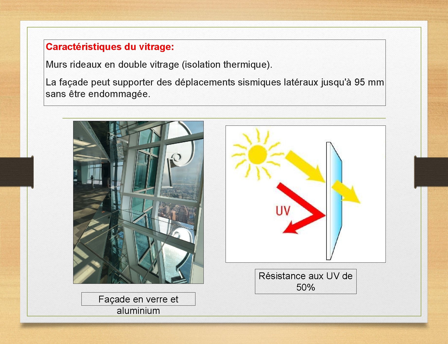 Caractéristiques du vitrage: Murs rideaux en double vitrage (isolation thermique). La façade peut supporter