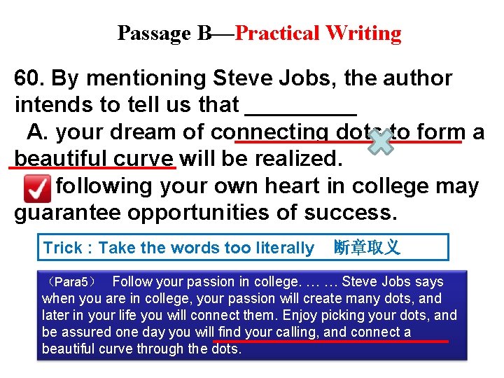 Passage B—Practical Writing 60. By mentioning Steve Jobs, the author intends to tell us