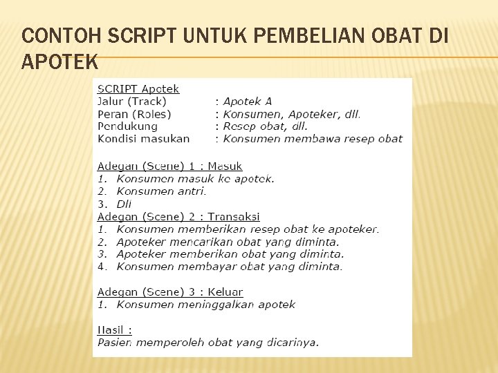 CONTOH SCRIPT UNTUK PEMBELIAN OBAT DI APOTEK 