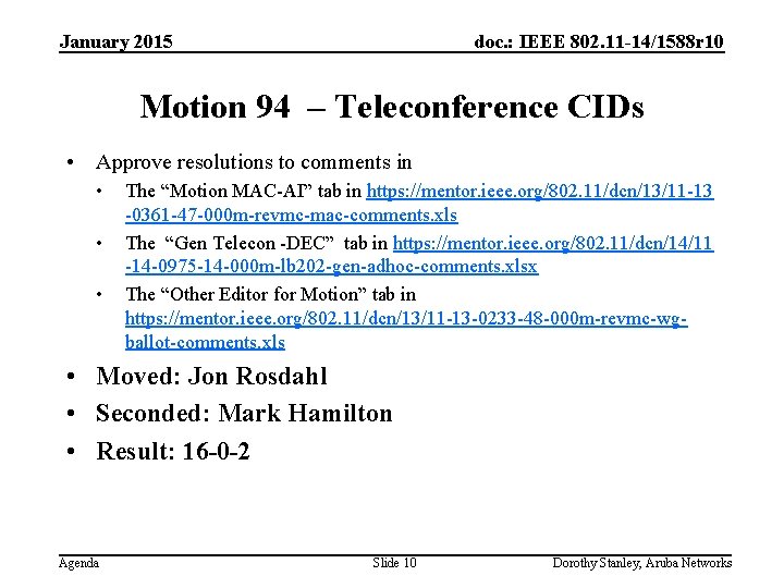 January 2015 doc. : IEEE 802. 11 -14/1588 r 10 Motion 94 – Teleconference