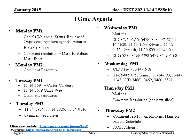 January 2015 doc. : IEEE 802. 11 -14/1588 r 10 TGmc Agenda • Monday
