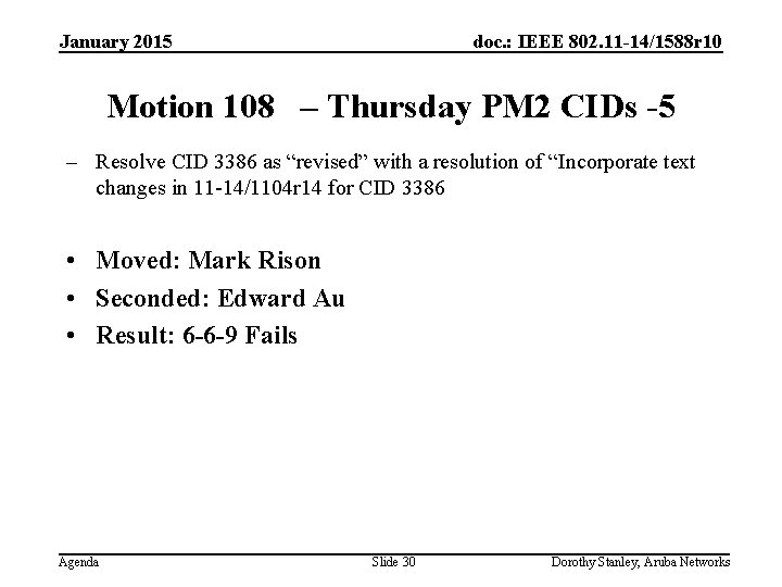 January 2015 doc. : IEEE 802. 11 -14/1588 r 10 Motion 108 – Thursday