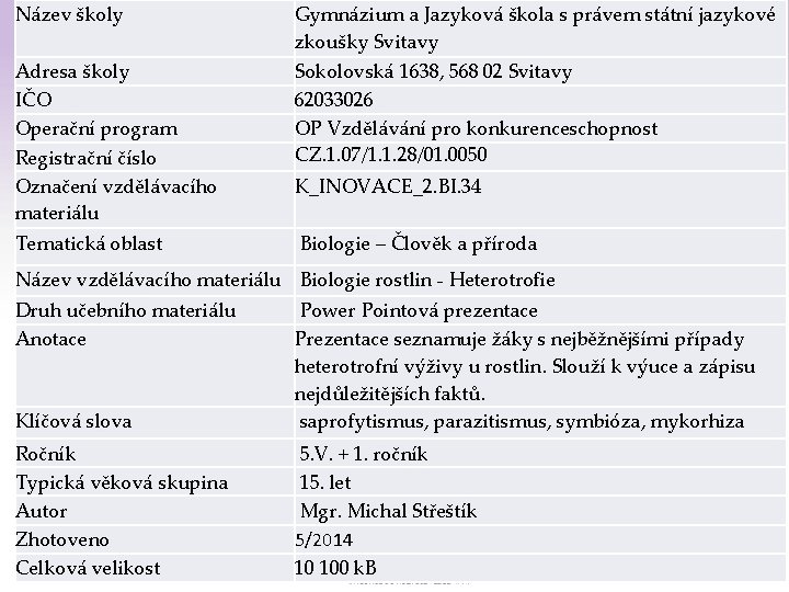 Název školy Gymnázium a Jazyková škola zkoušky s právem státní jazykové škola s právem