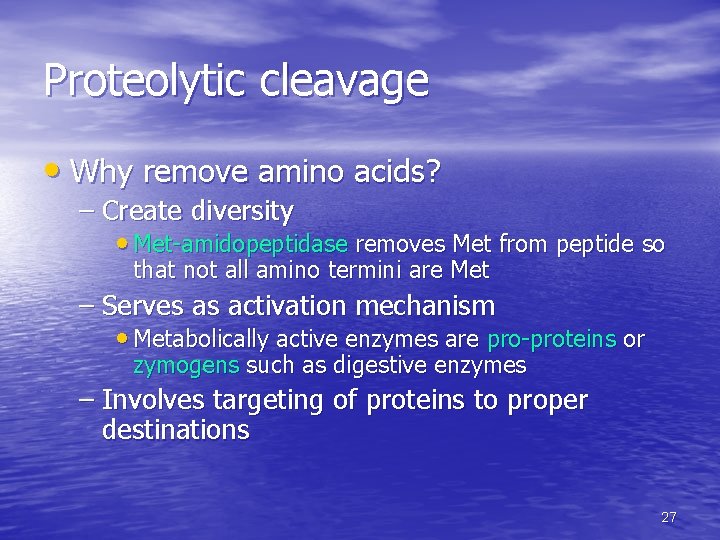Proteolytic cleavage • Why remove amino acids? – Create diversity • Met-amidopeptidase removes Met Proteolytic cleavage • Why remove amino acids? – Create diversity • Met-amidopeptidase removes Met