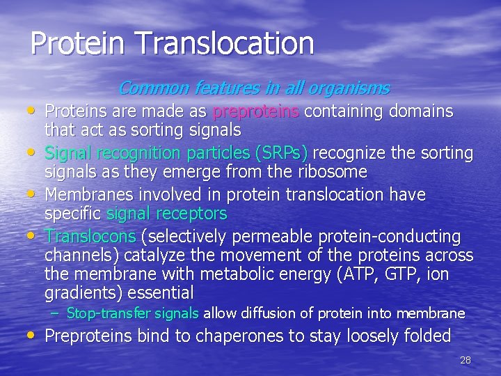 Protein Translocation Common features in all organisms • Proteins are made as preproteins containing Protein Translocation Common features in all organisms • Proteins are made as preproteins containing