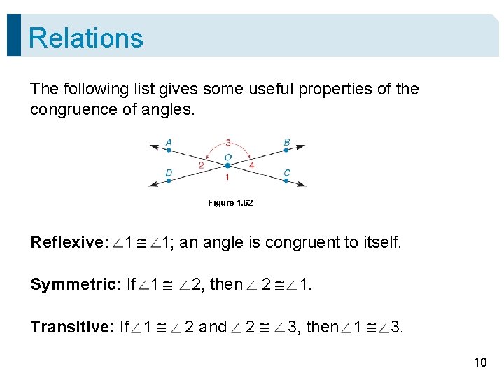 Relations The following list gives some useful properties of the congruence of angles. Figure