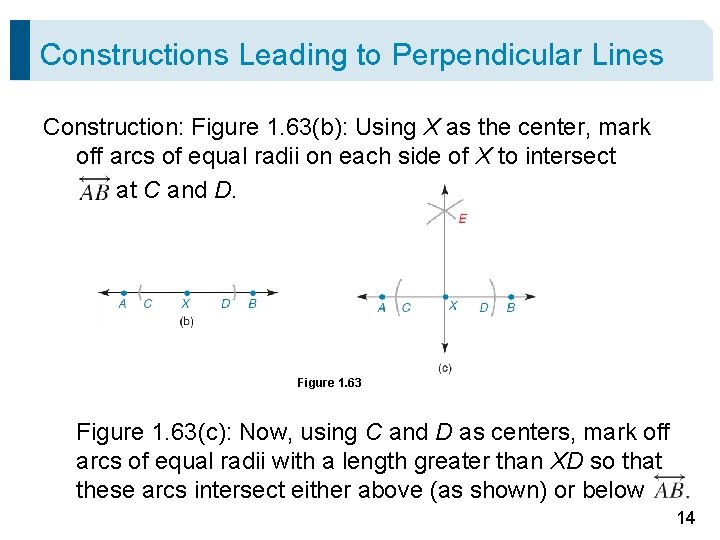 Constructions Leading to Perpendicular Lines Construction: Figure 1. 63(b): Using X as the center,