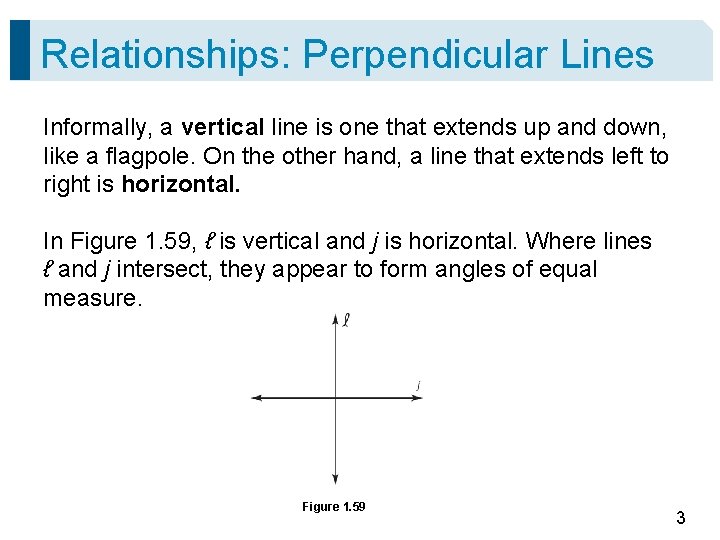 Relationships: Perpendicular Lines Informally, a vertical line is one that extends up and down,