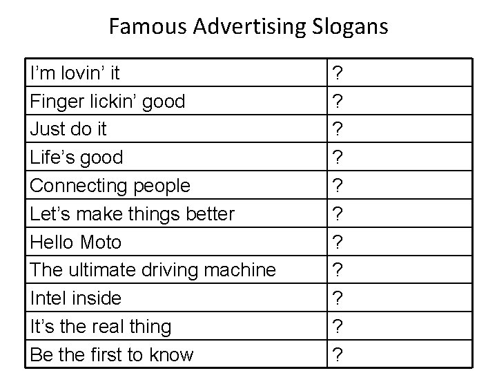 Famous Advertising Slogans I’m lovin’ it Finger lickin’ good Just do it Life’s good