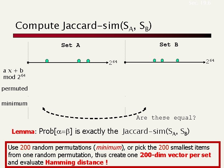 Sec. 19. 6 Compute Jaccard-sim(SA, SB) Set B Set A ax+b mod 264 permuted