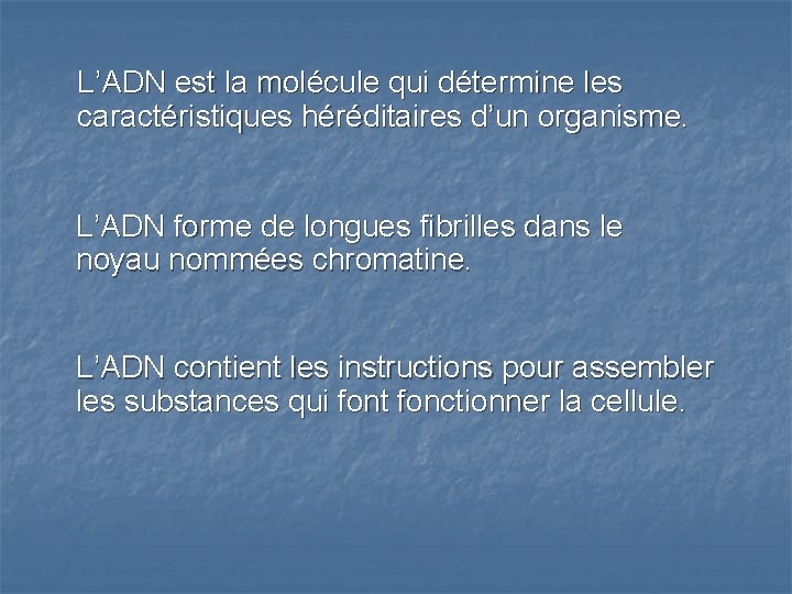 L’ADN est la molécule qui détermine les caractéristiques héréditaires d’un organisme. L’ADN forme de