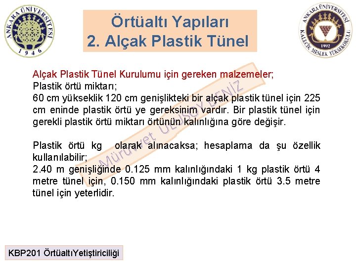 Örtüaltı Yapıları 2. Alçak Plastik Tünel Kurulumu için gereken malzemeler; Plastik örtü miktarı; Z