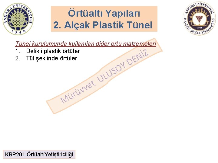 Örtüaltı Yapıları 2. Alçak Plastik Tünel kurulumunda kullanılan diğer örtü malzemeleri 1. Delikli plastik