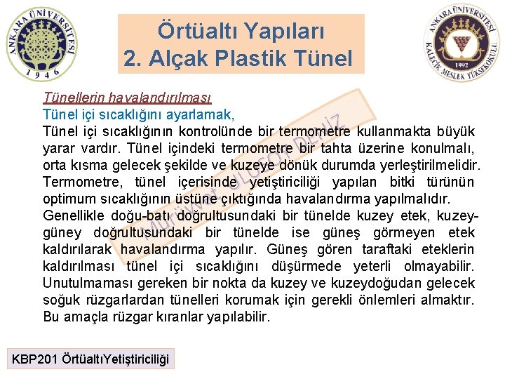 Örtüaltı Yapıları 2. Alçak Plastik Tünellerin havalandırılması Tünel içi sıcaklığını ayarlamak, Z İ Tünel