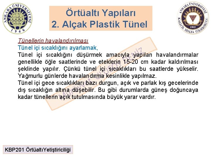 Örtüaltı Yapıları 2. Alçak Plastik Tünellerin havalandırılması Tünel içi sıcaklığını ayarlamak, İZ havalandırmalar Tünel Örtüaltı Yapıları 2. Alçak Plastik Tünellerin havalandırılması Tünel içi sıcaklığını ayarlamak, İZ havalandırmalar Tünel
