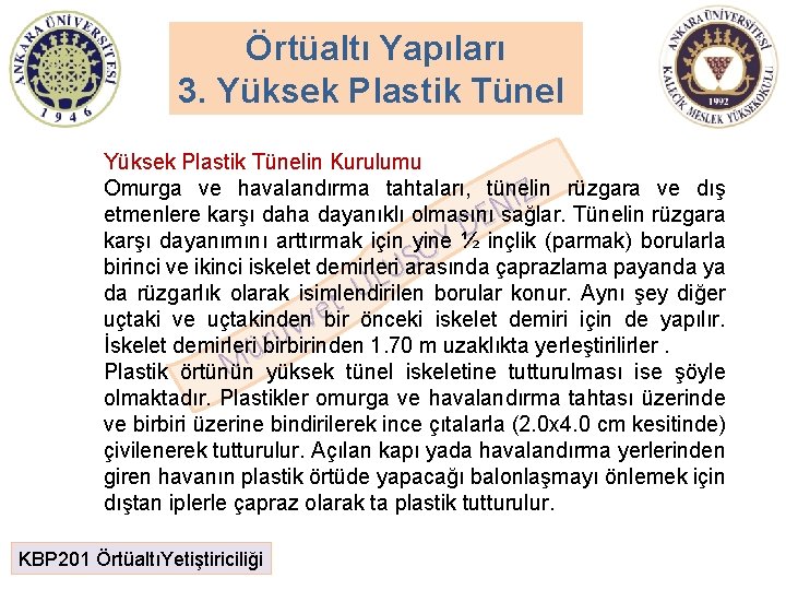 Örtüaltı Yapıları 3. Yüksek Plastik Tünelin Kurulumu Omurga ve havalandırma tahtaları, tünelin rüzgara ve Örtüaltı Yapıları 3. Yüksek Plastik Tünelin Kurulumu Omurga ve havalandırma tahtaları, tünelin rüzgara ve