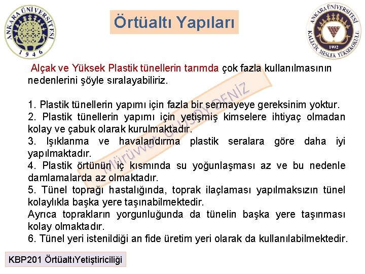 Örtüaltı Yapıları Alçak ve Yüksek Plastik tünellerin tarımda çok fazla kullanılmasının nedenlerini şöyle sıralayabiliriz.