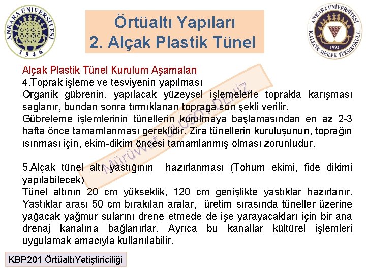 Örtüaltı Yapıları 2. Alçak Plastik Tünel Kurulum Aşamaları 4. Toprak işleme ve tesviyenin yapılması