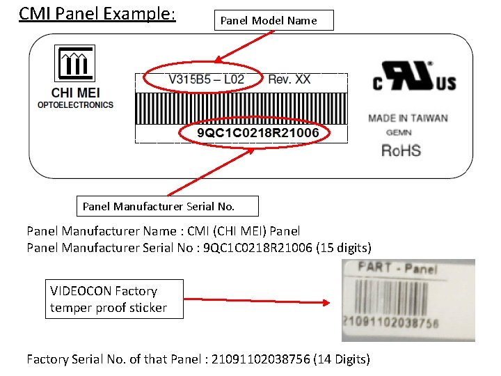 CMI Panel Example: Panel Model Name Panel Manufacturer Serial No. Panel Manufacturer Name :