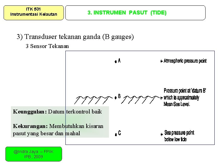 ITK 531 Instrumentasi Kelautan 3. INSTRUMEN PASUT (TIDE) 3) Transduser tekanan ganda (B gauges) ITK 531 Instrumentasi Kelautan 3. INSTRUMEN PASUT (TIDE) 3) Transduser tekanan ganda (B gauges)