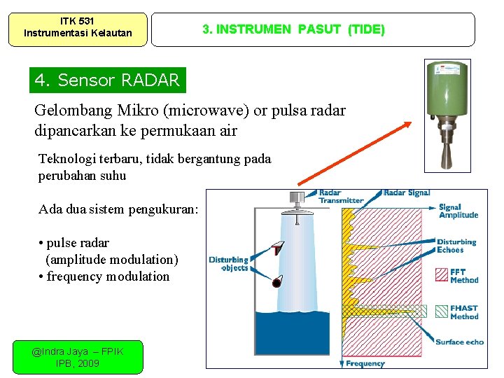 ITK 531 Instrumentasi Kelautan 3. INSTRUMEN PASUT (TIDE) 4. Sensor RADAR Gelombang Mikro (microwave) ITK 531 Instrumentasi Kelautan 3. INSTRUMEN PASUT (TIDE) 4. Sensor RADAR Gelombang Mikro (microwave)