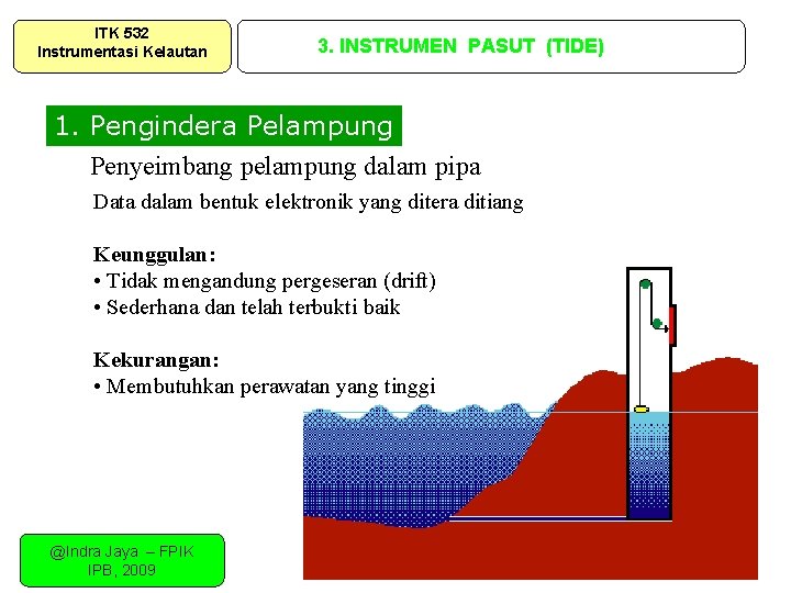 ITK 532 Instrumentasi Kelautan 3. INSTRUMEN PASUT (TIDE) 1. Pengindera Pelampung Penyeimbang pelampung dalam ITK 532 Instrumentasi Kelautan 3. INSTRUMEN PASUT (TIDE) 1. Pengindera Pelampung Penyeimbang pelampung dalam