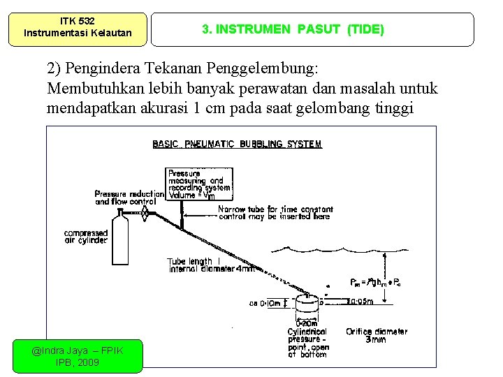 ITK 532 Instrumentasi Kelautan 3. INSTRUMEN PASUT (TIDE) 2) Pengindera Tekanan Penggelembung: Membutuhkan lebih ITK 532 Instrumentasi Kelautan 3. INSTRUMEN PASUT (TIDE) 2) Pengindera Tekanan Penggelembung: Membutuhkan lebih