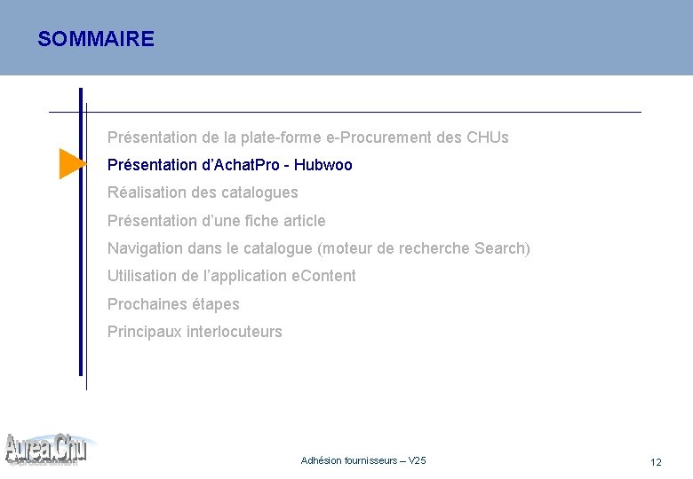 SOMMAIRE Présentation de la plate-forme e-Procurement des CHUs Présentation d’Achat. Pro - Hubwoo Réalisation