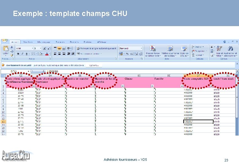 Exemple : template champs CHU Adhésion fournisseurs – V 25 23 