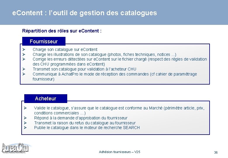 e. Content : l’outil de gestion des catalogues Répartition des rôles sur e. Content