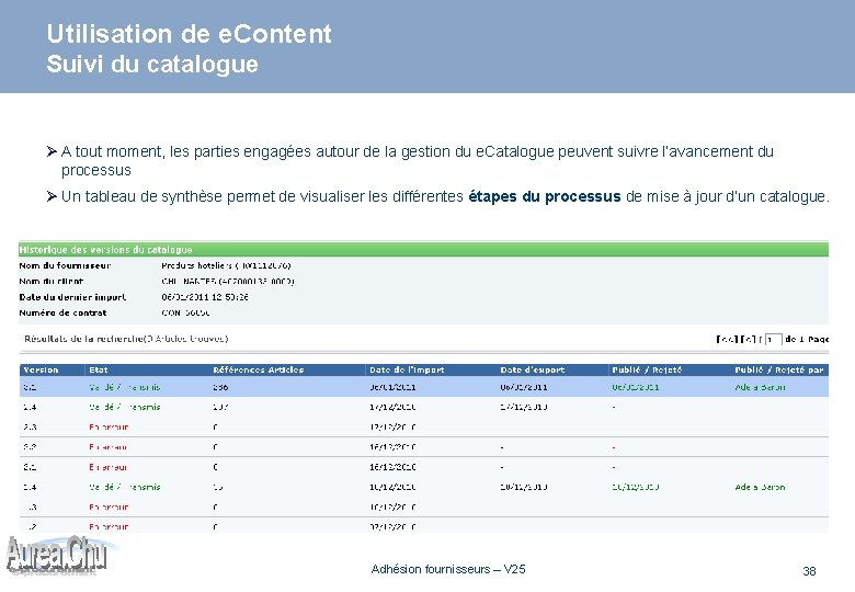 Utilisation de e. Content Suivi du catalogue Ø A tout moment, les parties engagées