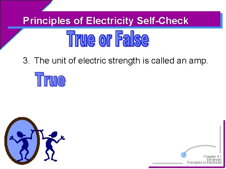 Principles of Electricity Self-Check 3. The unit of electric strength is called an amp.