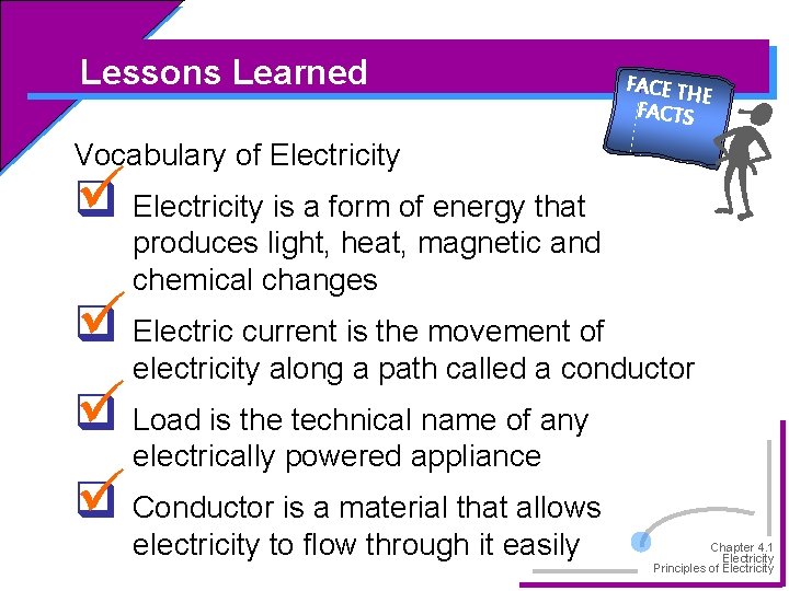 Lessons Learned FACE TH E FACTS Vocabulary of Electricity is a form of energy