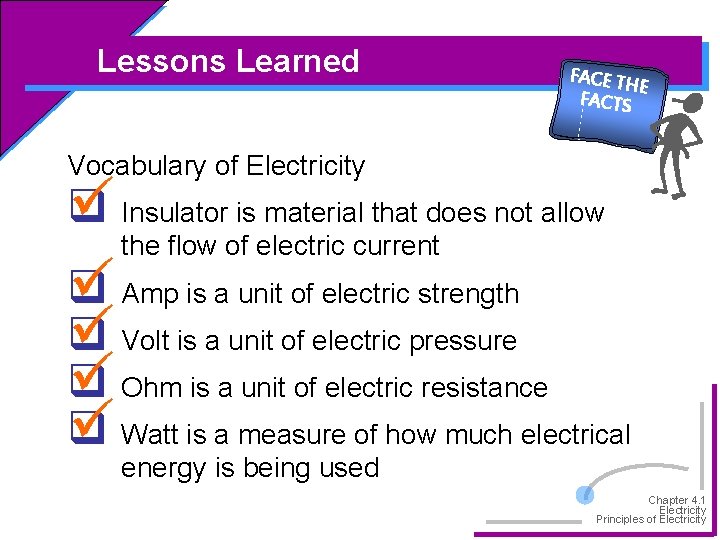 Lessons Learned FACE TH E FACTS Vocabulary of Electricity q Insulator is material that
