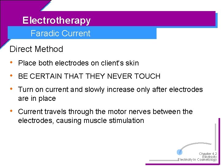 Electrotherapy Faradic Current Direct Method • • • Place both electrodes on client’s skin