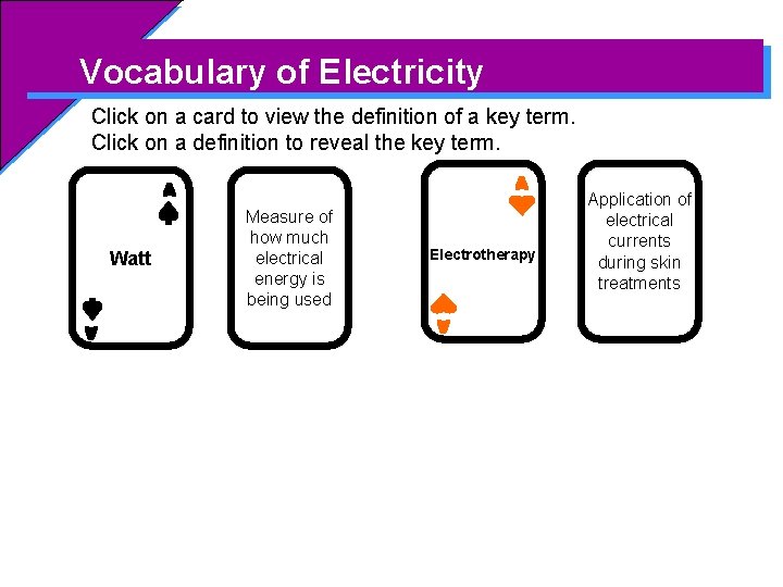 Vocabulary of Electricity Click on a card to view the definition of a key