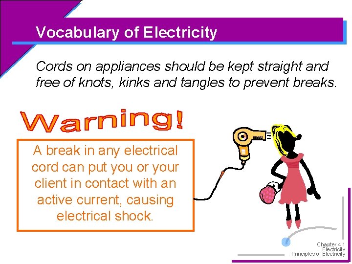 Vocabulary of Electricity Cords on appliances should be kept straight and free of knots,