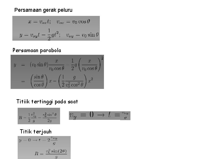 Persamaan gerak peluru Persamaan parabola Titiik tertinggi pada saat Titik terjauh 