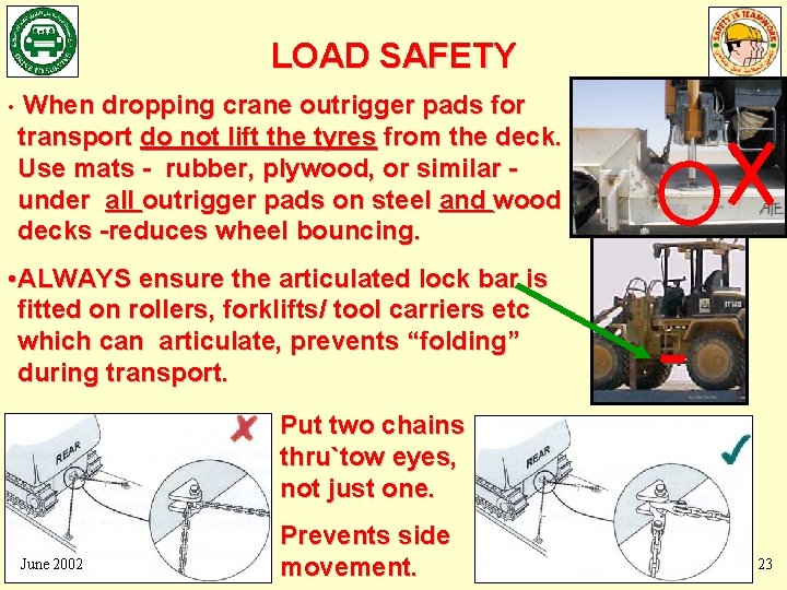 LOAD SAFETY • When dropping crane outrigger pads for transport do not lift the LOAD SAFETY • When dropping crane outrigger pads for transport do not lift the