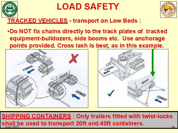 LOAD SAFETY TRACKED VEHICLES - transport on Low Beds : • Do NOT fix LOAD SAFETY TRACKED VEHICLES - transport on Low Beds : • Do NOT fix