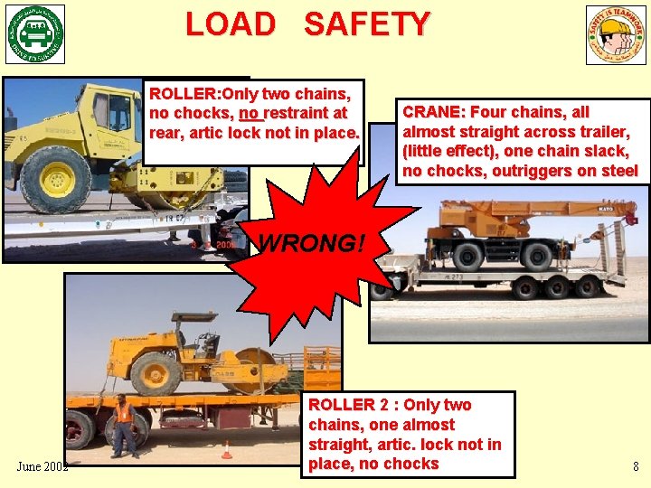 LOAD SAFETY ROLLER: Only two chains, no chocks, no restraint at rear, artic lock LOAD SAFETY ROLLER: Only two chains, no chocks, no restraint at rear, artic lock